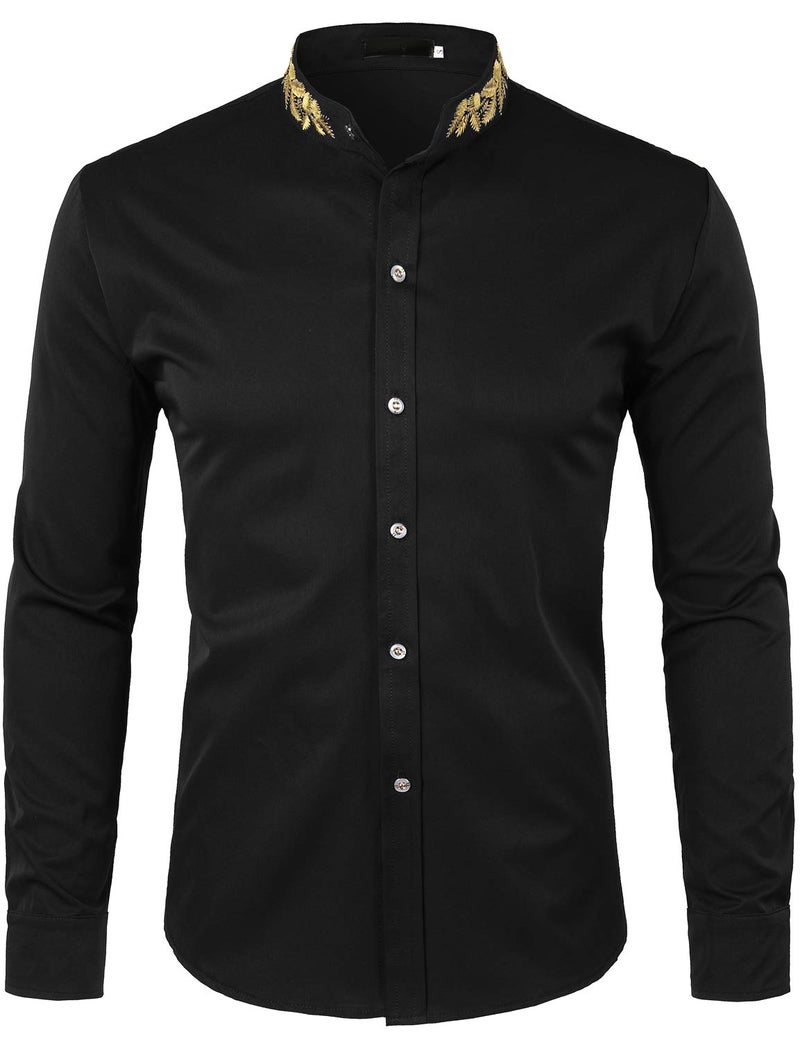 ZEROYAA Mens Hipster Gold Embroidery Mandarin Collar Slim Fit Long Sleeve Casual Dress Shirts Z52 Black X-Large - Image 3